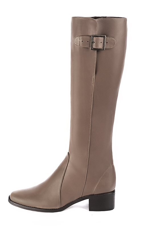 Bronze beige women's knee-high boots with buckles. Round toe. Low leather soles. Made to measure. Profile view - Florence KOOIJMAN